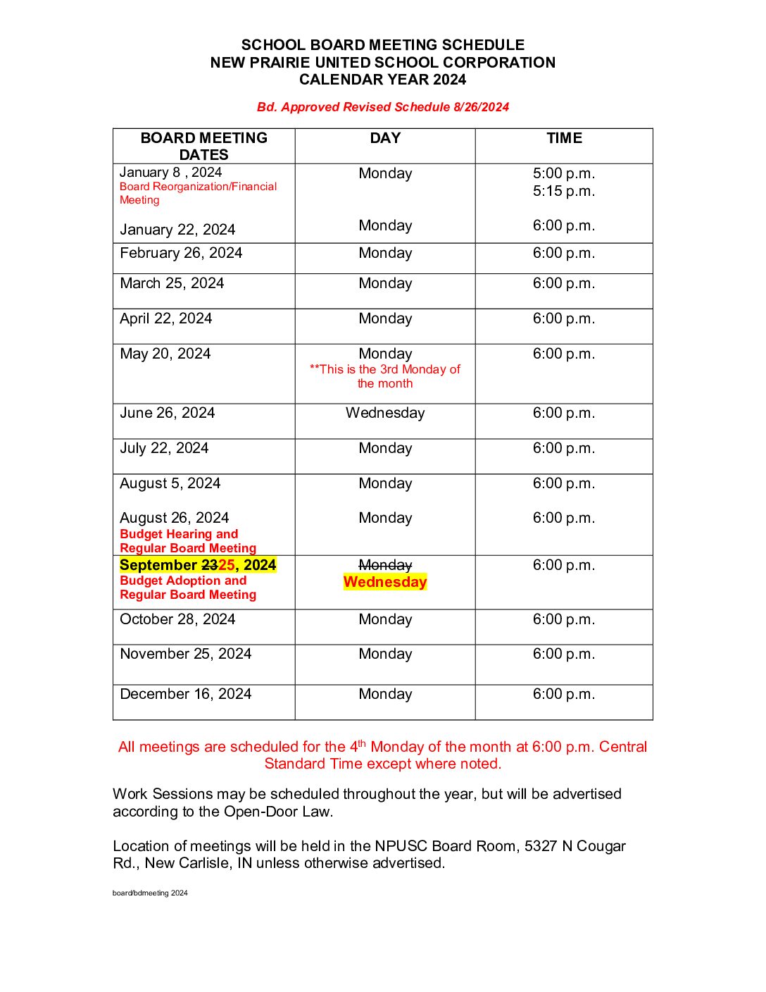 Board Meetings for 2024 Revised 8-26-2024